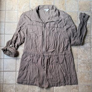 Cato Est. 1946 Taupe Utility Jacket Zipper Front Soft Rayon Snap Roll Sleeves M